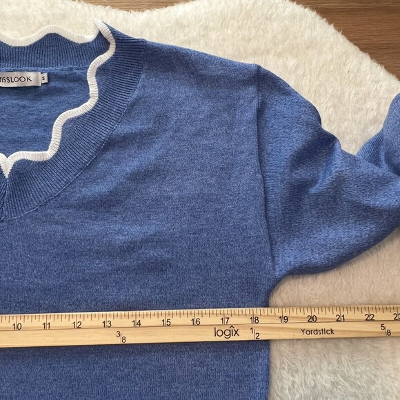 MISSLOOK Womens Blue Knitted Wool Pullover Sweater Scallop Hem Size Medium - Picture 9 of 10